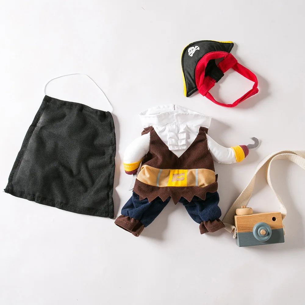 KittyNook Cat Co. Funny Pirate Cat Halloween Costume set with outfit, black cape, hat, and toy camera.