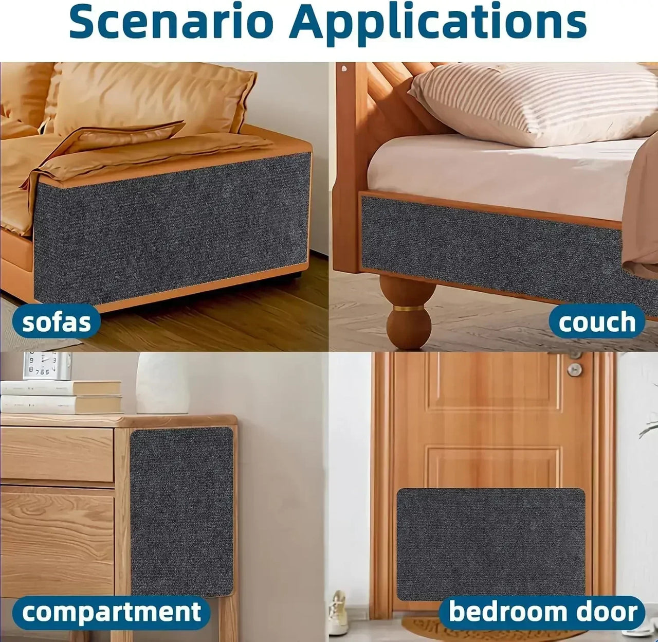 Four images show KittyNook Cat Co.'s Self-Adhesive Cat Scratching Board used on a sofa, couch, cabinet, and door.