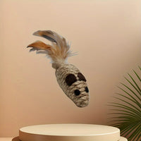Thumbnail for KittyNook Cat Co.’s Sisal Fake Mouse Cat Toy has a feather-tailed mouse floating above a round beige platform with a plant.