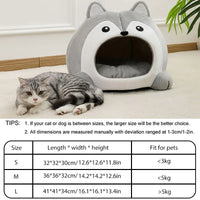Thumbnail for A gray cat rests by a Fluffy Indoor Cat Cave Bed for Kittens from KittyNook Cat Co., with size chart below.