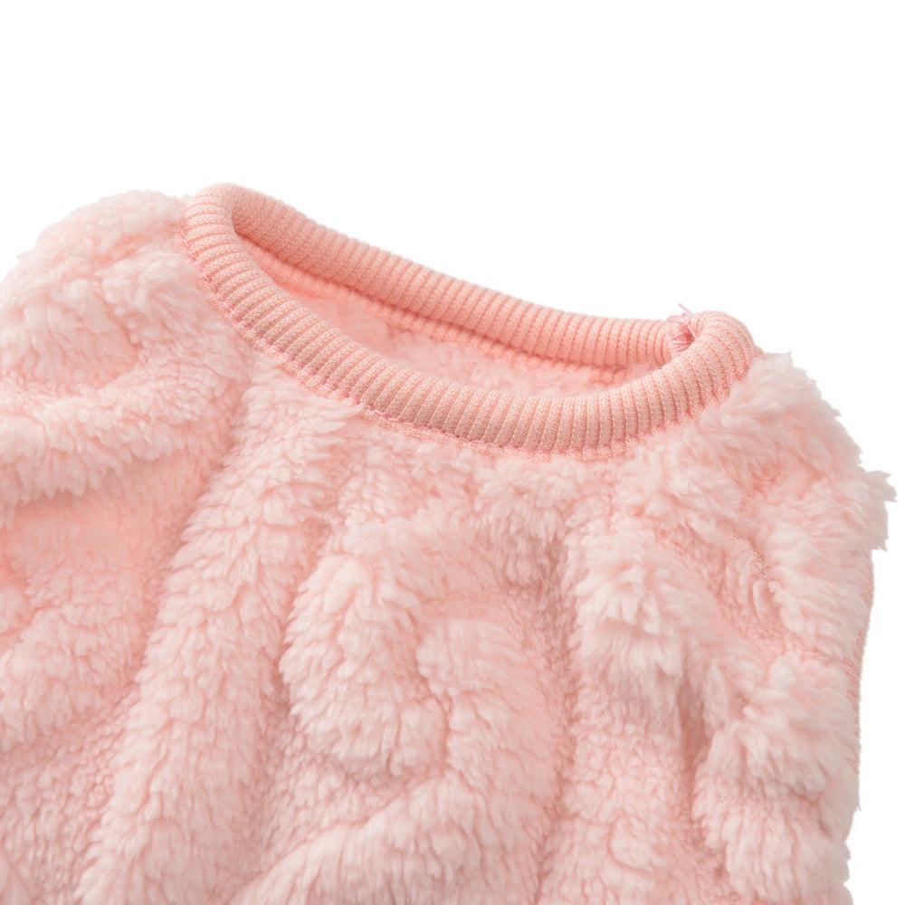 Close-up of the KittyNook Cat Co. Ultra-Soft Thermal Fleece Cat Sweatshirt in light pink with a ribbed collar.