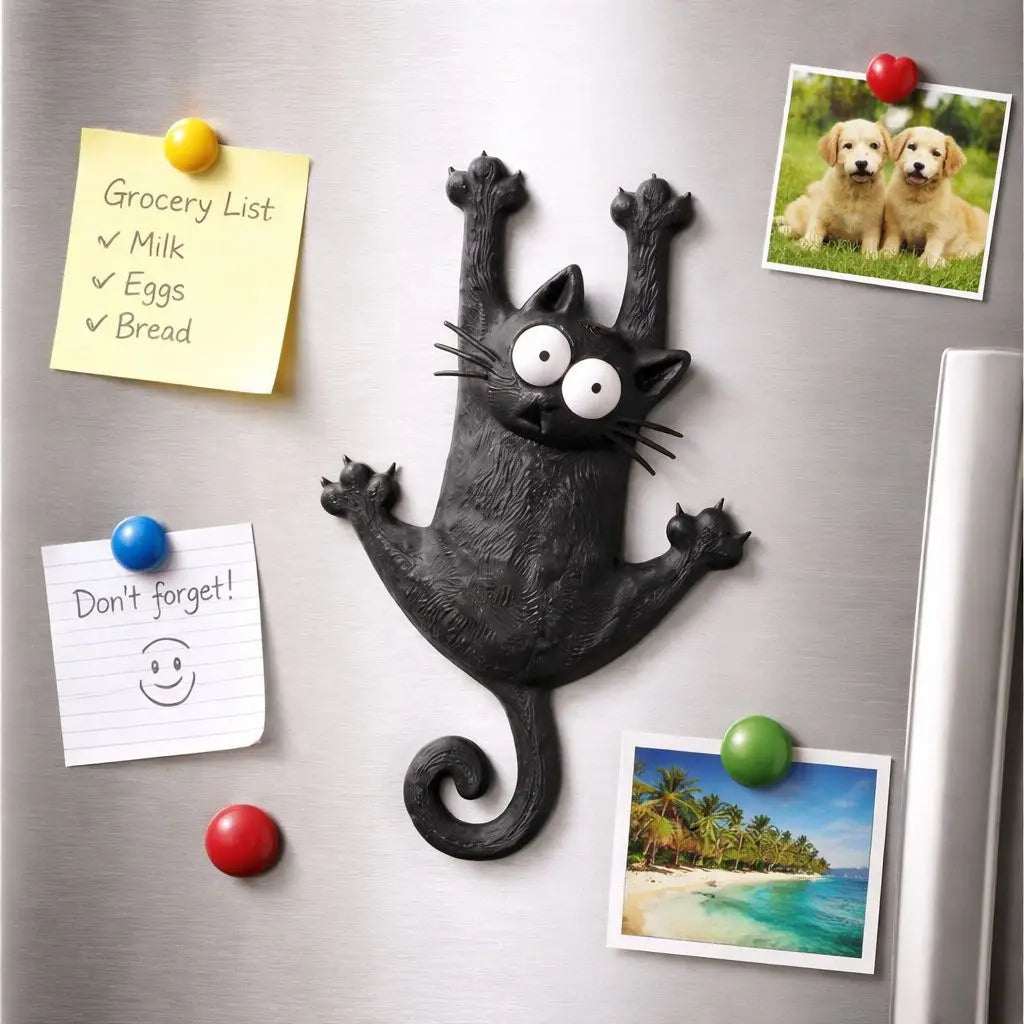 KittyNook Cat Co.'s Hanging Kitty Magnetic Fridge Decor—cute black cat magnet with sticky notes, dog & beach photos.