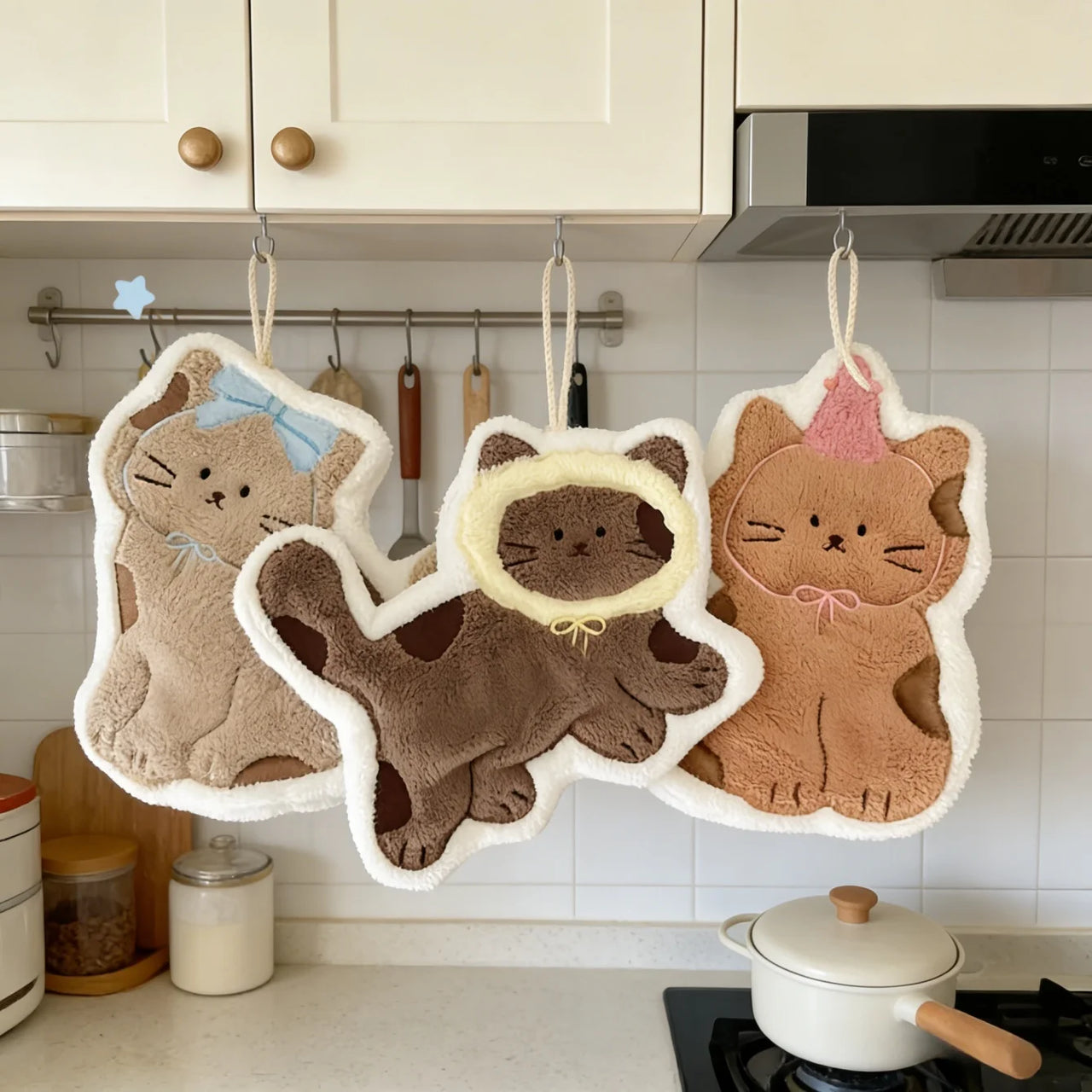 Three plush cat pot holders and a KittyNook Cat Co. Soft Cat Paw Hand Towel hang above a cozy white stove.