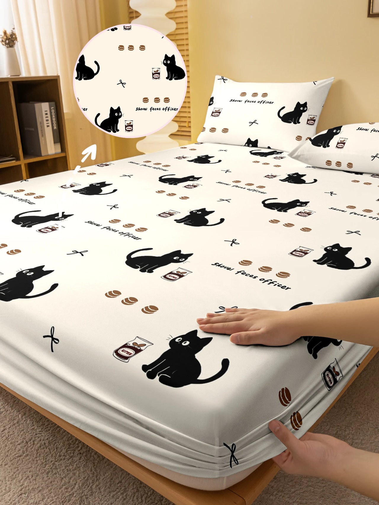 KittyNook Cat Co. Cozy Cat Design Fitted Sheet: cream color with black cat, coffee cup & toast illustrations.