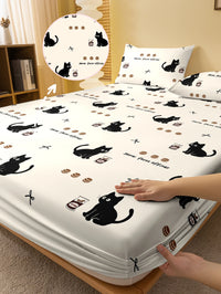 Thumbnail for KittyNook Cat Co. Cozy Cat Design Fitted Sheet: cream color with black cat, coffee cup & toast illustrations.