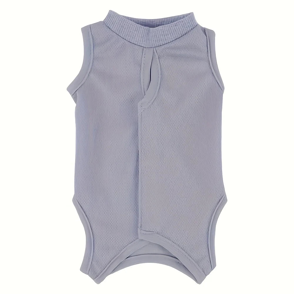 KittyNook Cat Co. Cat Neutering Recovery Suit: sleeveless, light blue, high collar, snap closure; shown on white background.