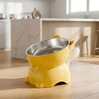 Thumbnail for Yellow cat-shaped Elevated Cat Food Bowl with Cute Ear Stand featuring a removable stainless steel insert.
