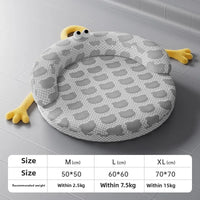 Thumbnail for The KittyNook Cat Co. Ice Silk Cat Nest is a round gray bed with yellow arms and googly eyes, shown by a size chart.