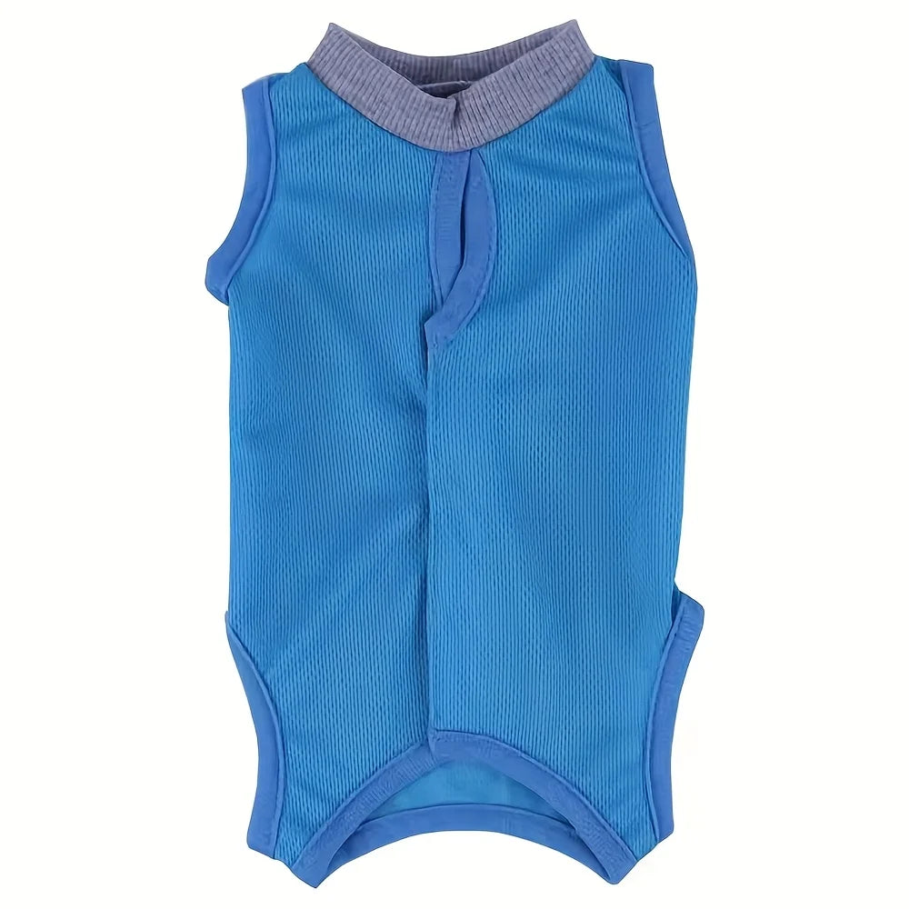 The KittyNook Cat Co. Cat Neutering Recovery Suit is a sleeveless blue shirt with gray collar for post-neutering care.