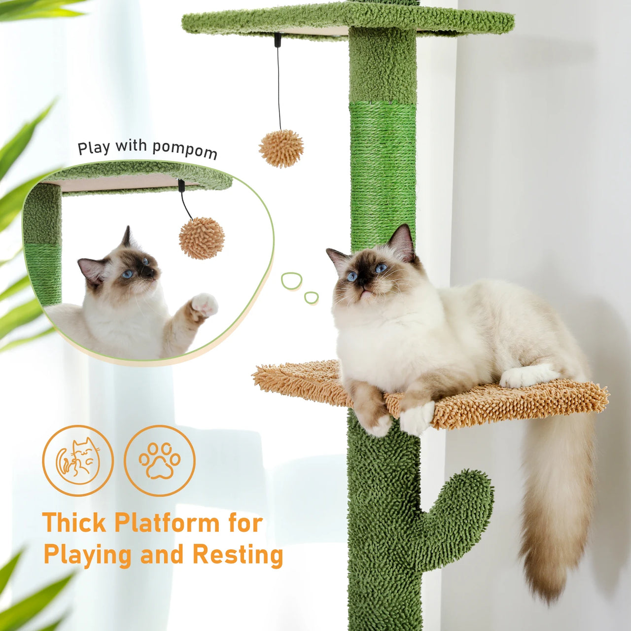 A fluffy cat relaxes on the KittyNook Cat Co. Stylish Cat Climbing Tower—perfect for play and rest.