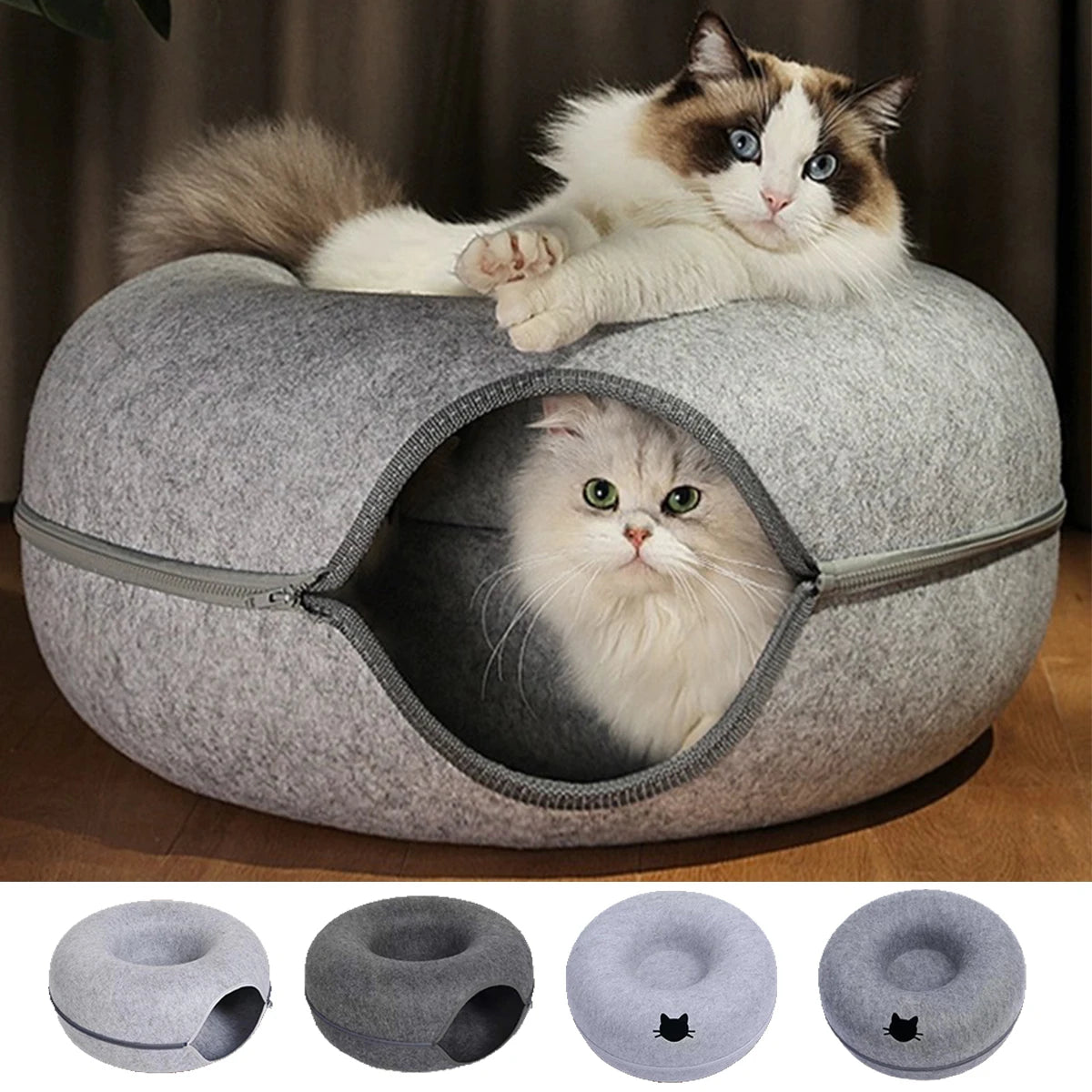 Two cats enjoy the KittyNook Cat Co. Orbital Lounge & Play Tunnel Bed, with three cozy bed styles shown below.