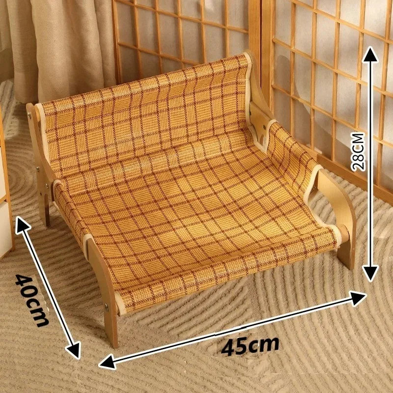 KittyNook Cat Co. Cat Summer Sofa Bed, wood frame with yellow plaid fabric, 40x45x38cm—ideal for cats on any floor.