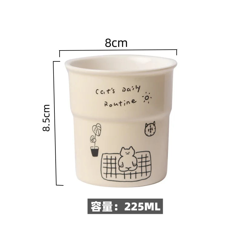 KittyNook Cat Co. Cute Illustrated Ceramic Cat Mug, 225 ml, 8 cm wide, 8.5 cm tall, cream color.