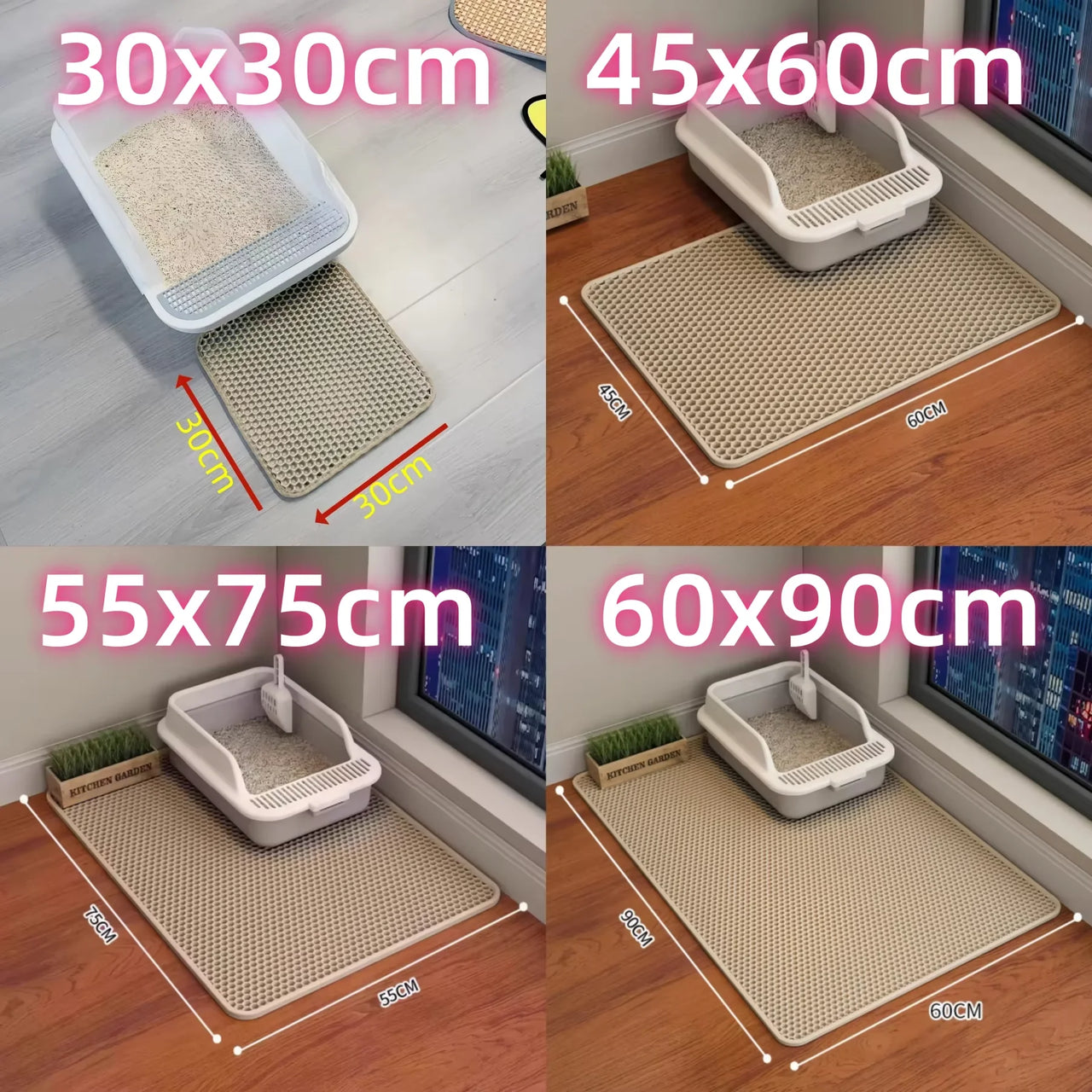 Four KittyNook Cat Co. Non-Slip Dual Layer Litter Trapper mats in various sizes shown under litter boxes on wood floors.