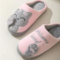 Thumbnail for KittyNook Cat Co. Happy Pawprints Lucky Cat Slippers: pink, cushioned, gray soles; one with cat, one says 