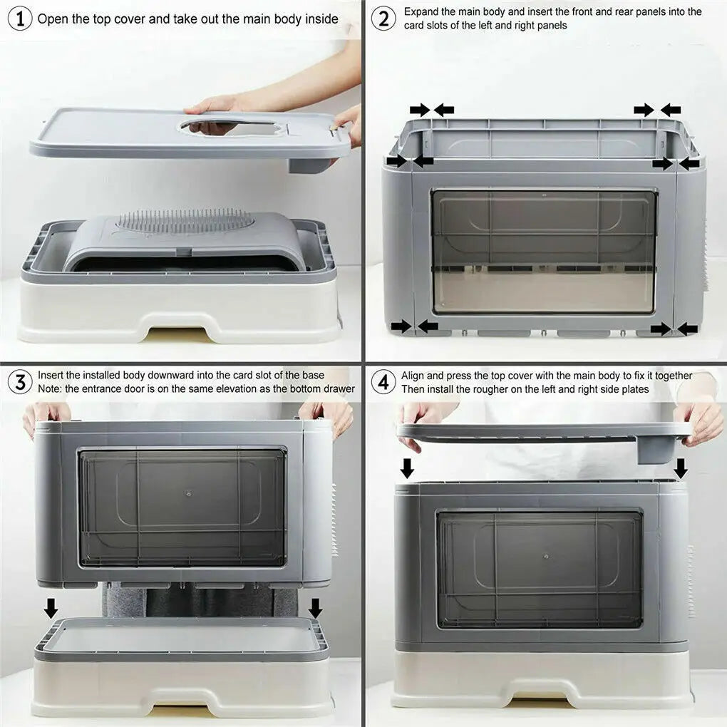 Step-by-step assembly for the Purrfect Foldable Litter Solution by KittyNook Cat Co., with labeled images and arrows.