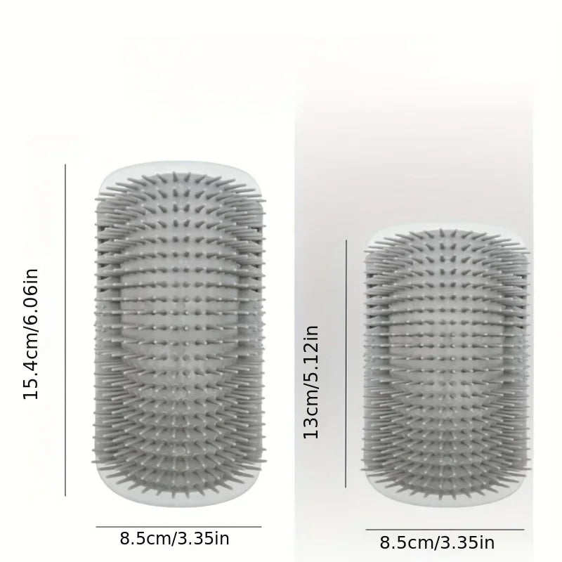 Two gray KittyNook Cat Co. Ultimate Corner Arch Self-Groomers in different labeled sizes with spiky silicone bristles.