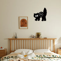 Thumbnail for A bedroom with a wooden bed, daisy pillow, and KittyNook Cat Co. Crystal Porcelain Black Cat Wall Clock above the bed.