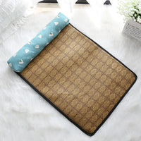 Thumbnail for The KittyNook Cat Co. Natural Rattan Cat Sleeping Mat is a rectangular woven mat with a blue edge on white fluff.