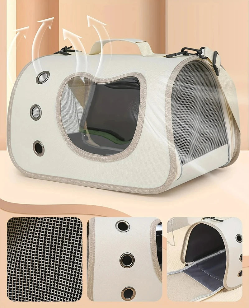 KittyNook Cat Co. Portable Pet Carrier Bag with mesh windows, ventilation holes, handle, and strap for pet travel.