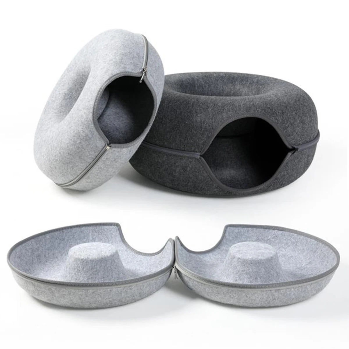 KittyNook Cat Co.’s Orbital Lounge & Play Tunnel Bed: felt donut beds, light/dark gray, closed or unzipped flat.