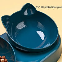 Thumbnail for KittyNook Cat Co.'s Cute 3 In 1 Cats Bowls With Water Feeder: teal, cat-shaped bowl with a 15° tilt beside food bowl.