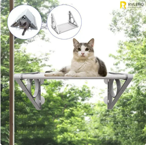 Gray and white cat on KittyNook Cat Co.'s Space-Saving Double Hanging Pet Bed; insets show product details.