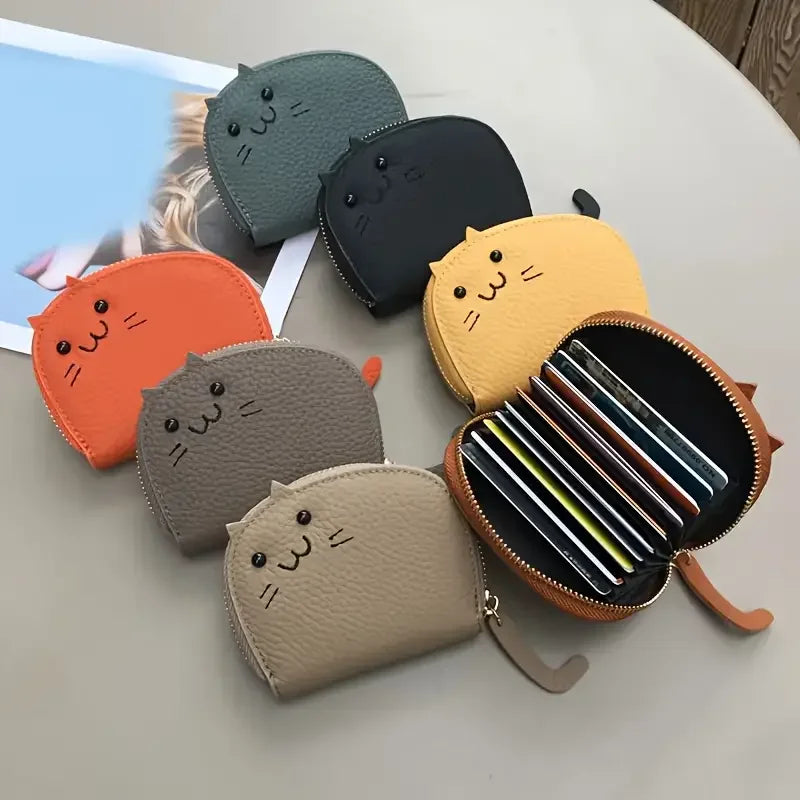 KittyNook Cat Co. Cute Multi-Card Cat Purse shown in 6 colors, one open to reveal cards—a charming PU leather wallet.
