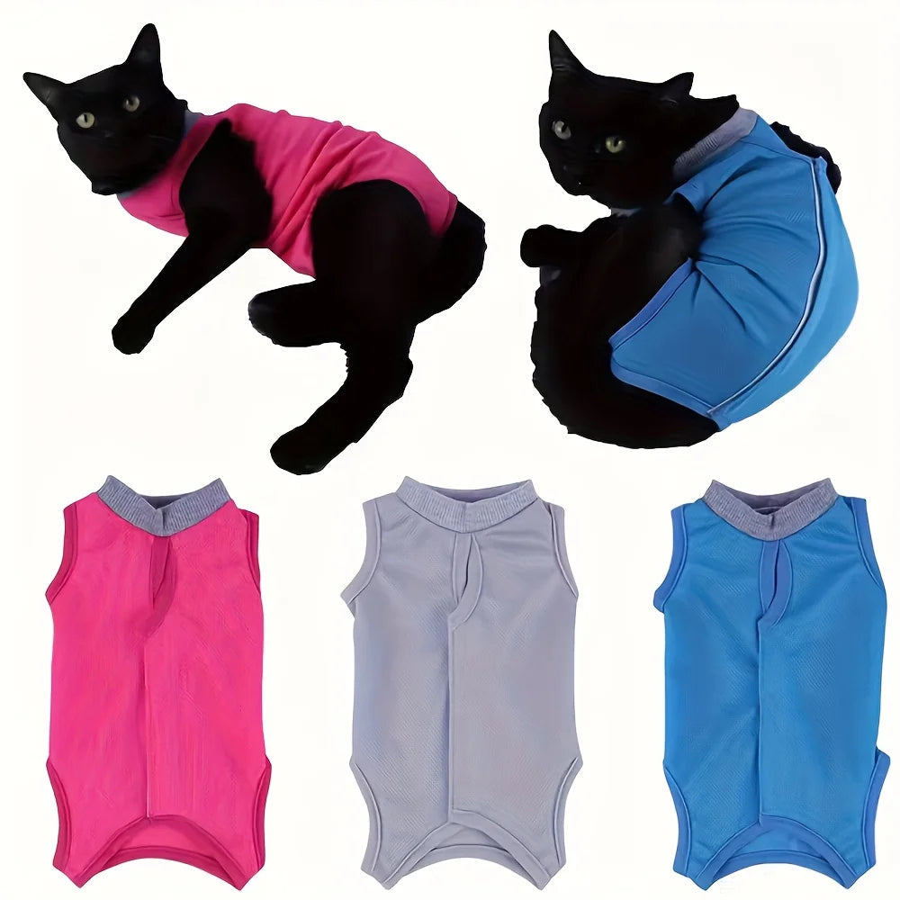 Two black cats wear KittyNook Cat Co. Cat Neutering Recovery Suits; also shown in pink, gray, and blue.