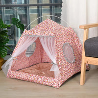 Thumbnail for The Serene Petal Semi-Enclosed Indoor Cat Tent by KittyNook Cat Co. is pink with leopard print and mesh windows.