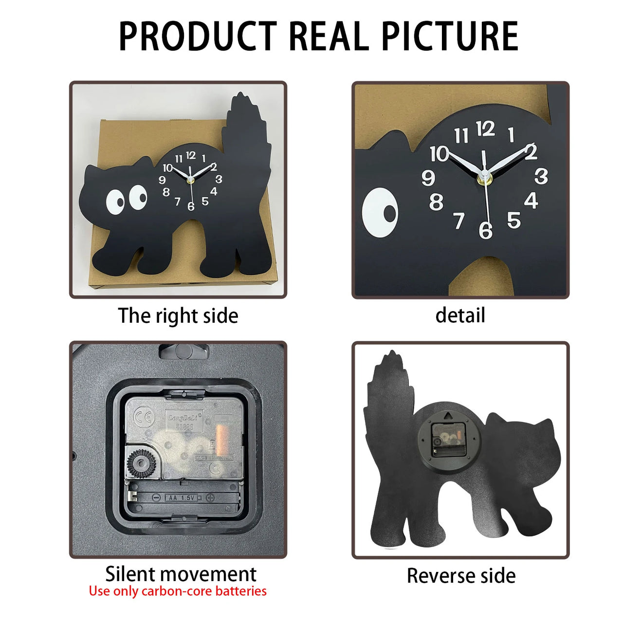 Four images show the KittyNook Cat Co. Crystal Porcelain Black Cat Wall Clock: front, close-up, mechanism, and back views.