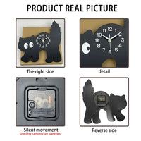 Thumbnail for Four images show the KittyNook Cat Co. Crystal Porcelain Black Cat Wall Clock: front, close-up, mechanism, and back views.