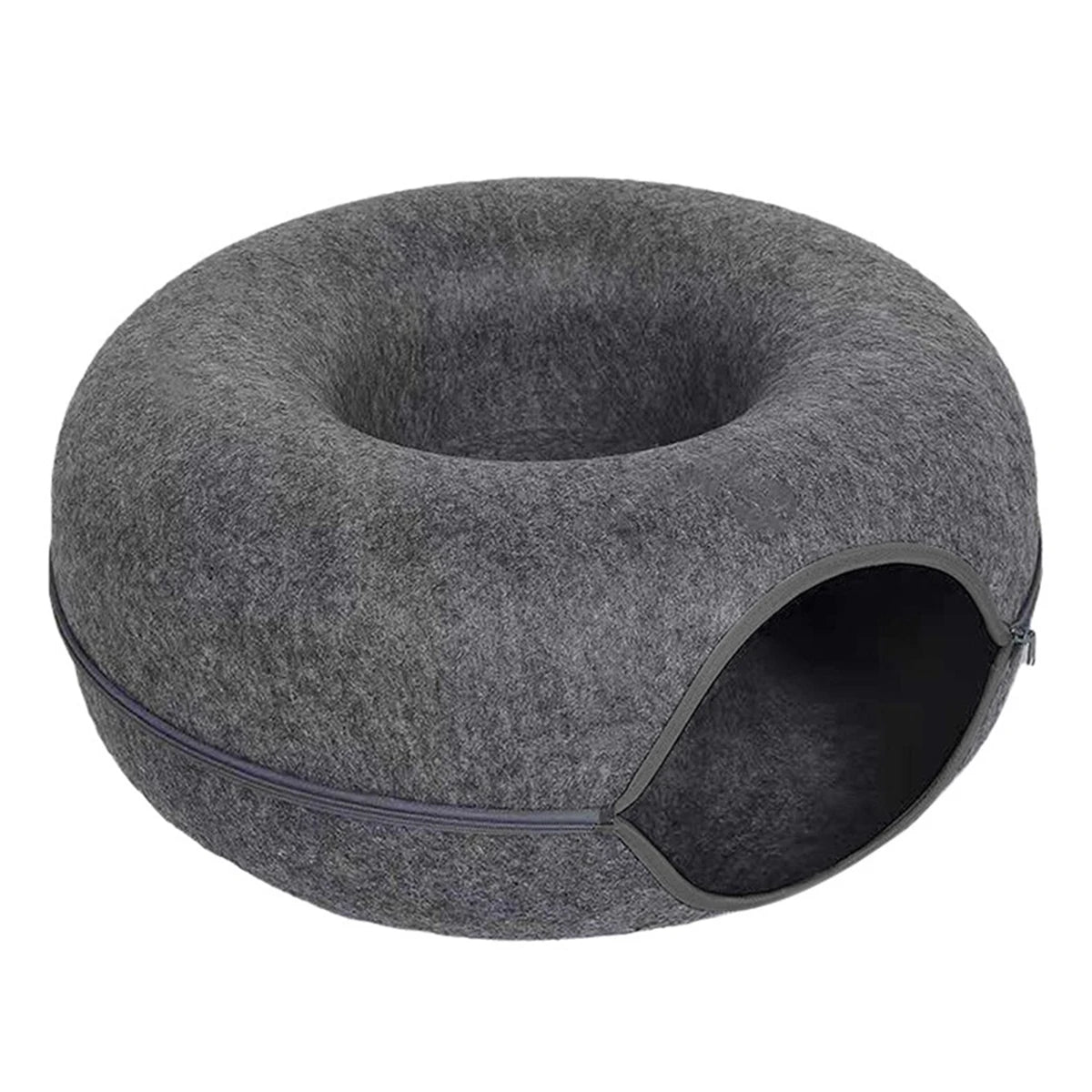 KittyNook Cat Co. Orbital Lounge & Play Tunnel Bed: stylish gray felt cat tunnel with zippered opening for fun and comfort.