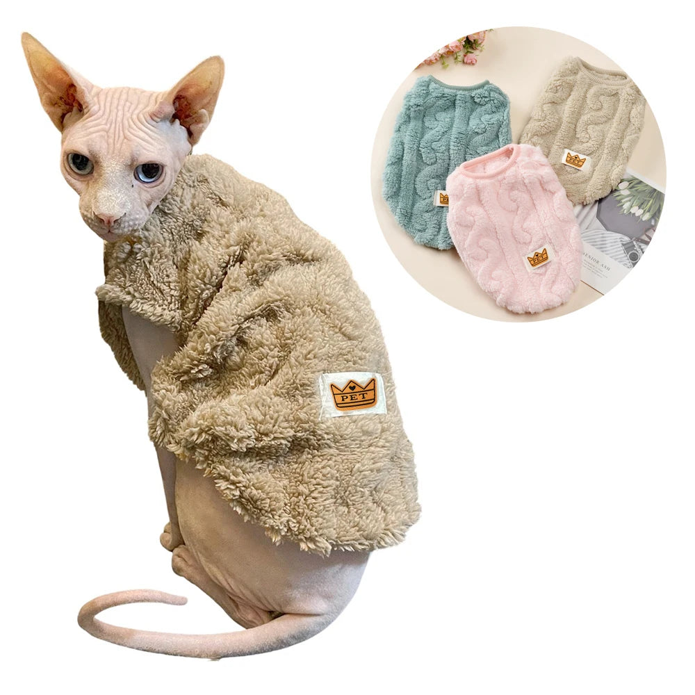 A Sphynx wears the KittyNook Cat Co. Ultra-Soft Thermal Fleece Sweatshirt; blue and pink styles shown in inset.