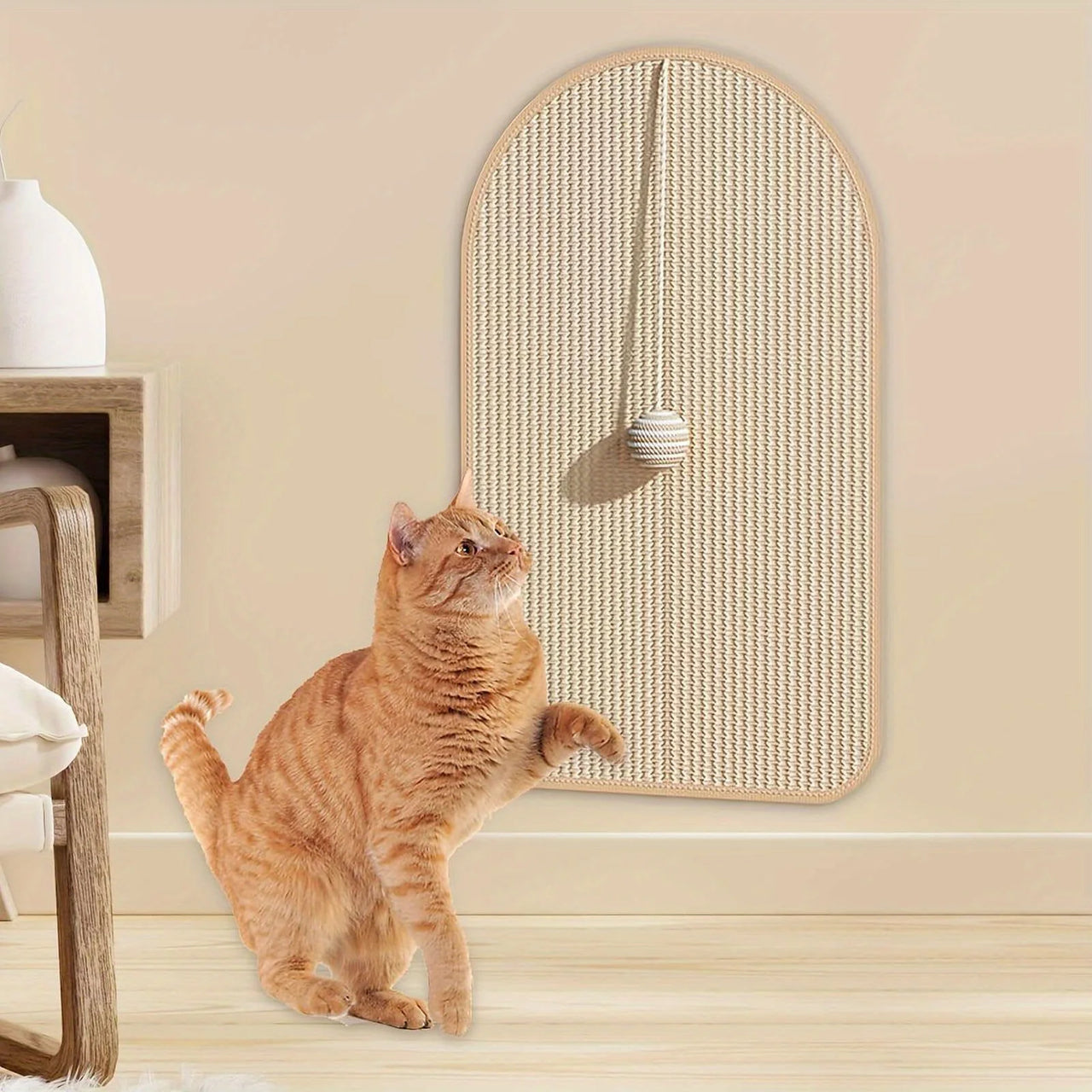 An orange tabby reaches for the wall-mounted KittyNook Cat Co. Durable Sisal Cat Scratch Pads with a hanging ball toy.
