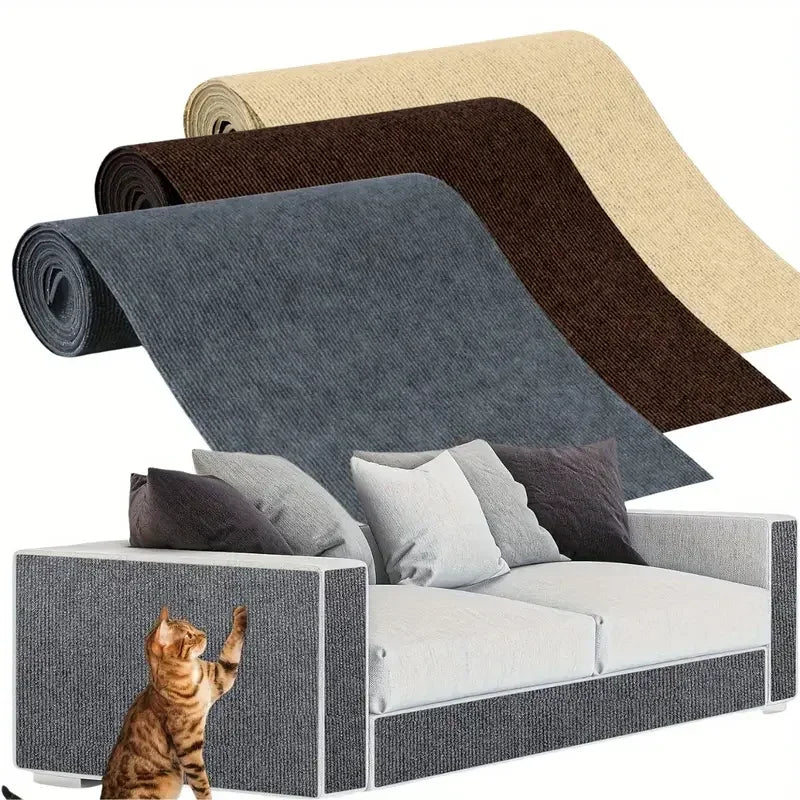 A cat scratches a sofa below three KittyNook Self-Adhesive Cat Scratching Boards in grey, brown, and beige.