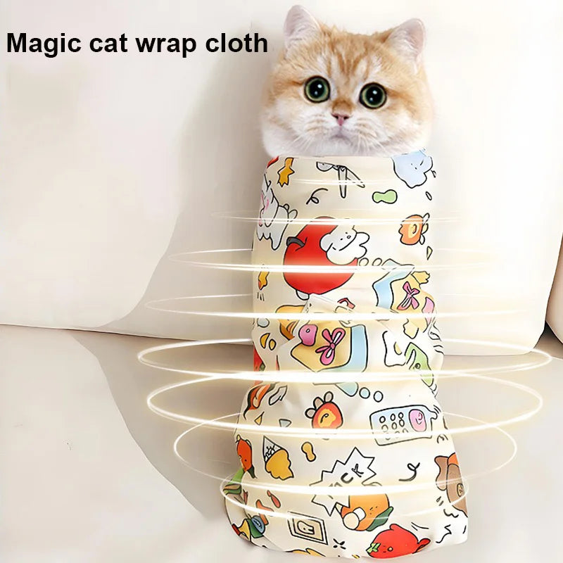 A cat is snug in the KittyNook Cat Co. Burrito Grooming Wrap—swaddled for safe, cozy, anti-scratch restraint.