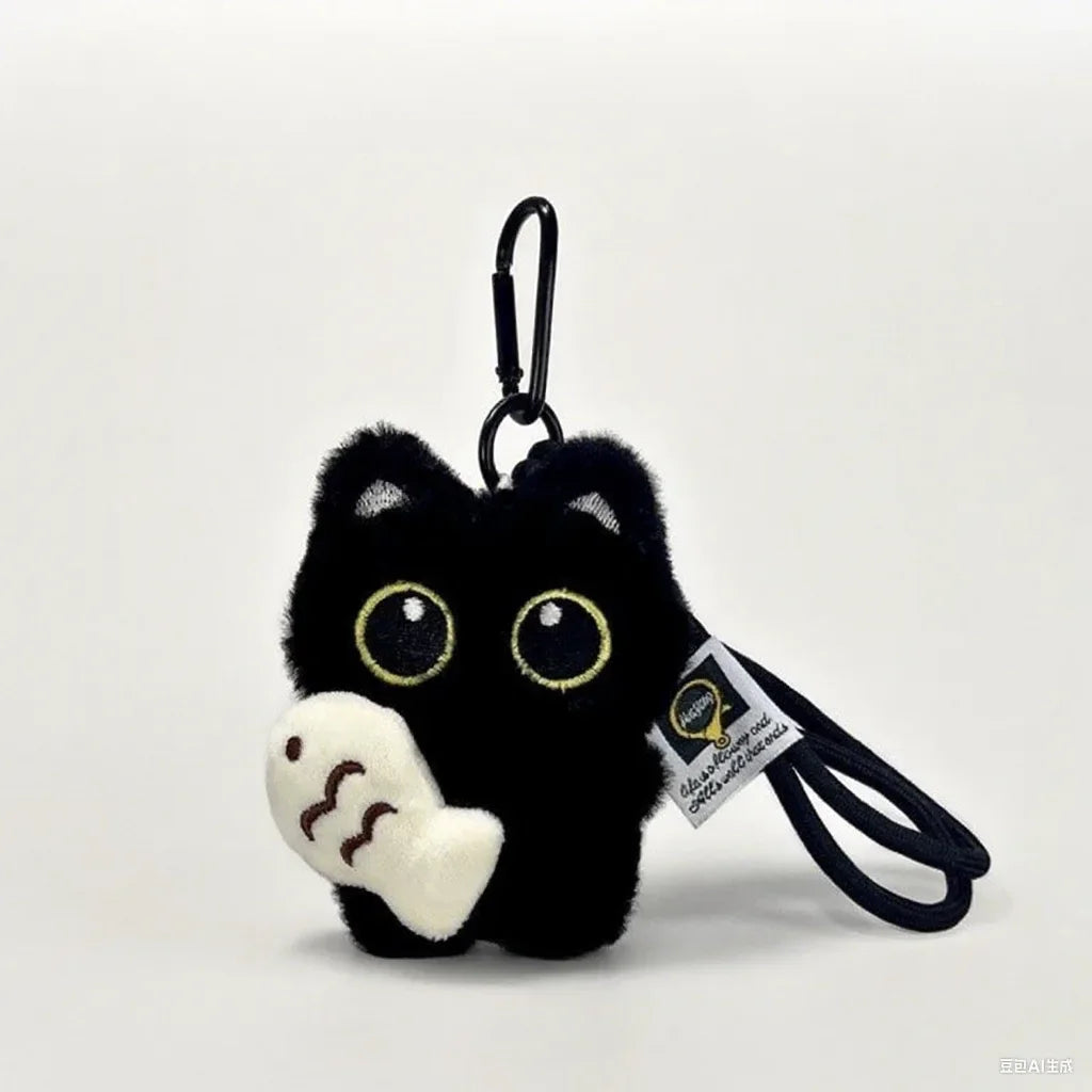 KittyNook Cat Co. Black Cat Plush Doll Keychain Pendant with big yellow eyes and fish for bags & keys.