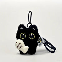 Thumbnail for KittyNook Cat Co. Black Cat Plush Doll Keychain Pendant with big yellow eyes and fish for bags & keys.