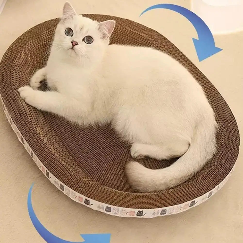A white cat uses KittyNook Cat Co. Cat Scratcher Cardboard, with blue arrows showing claw care and furniture protection.