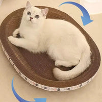 Thumbnail for A white cat uses KittyNook Cat Co. Cat Scratcher Cardboard, with blue arrows showing claw care and furniture protection.