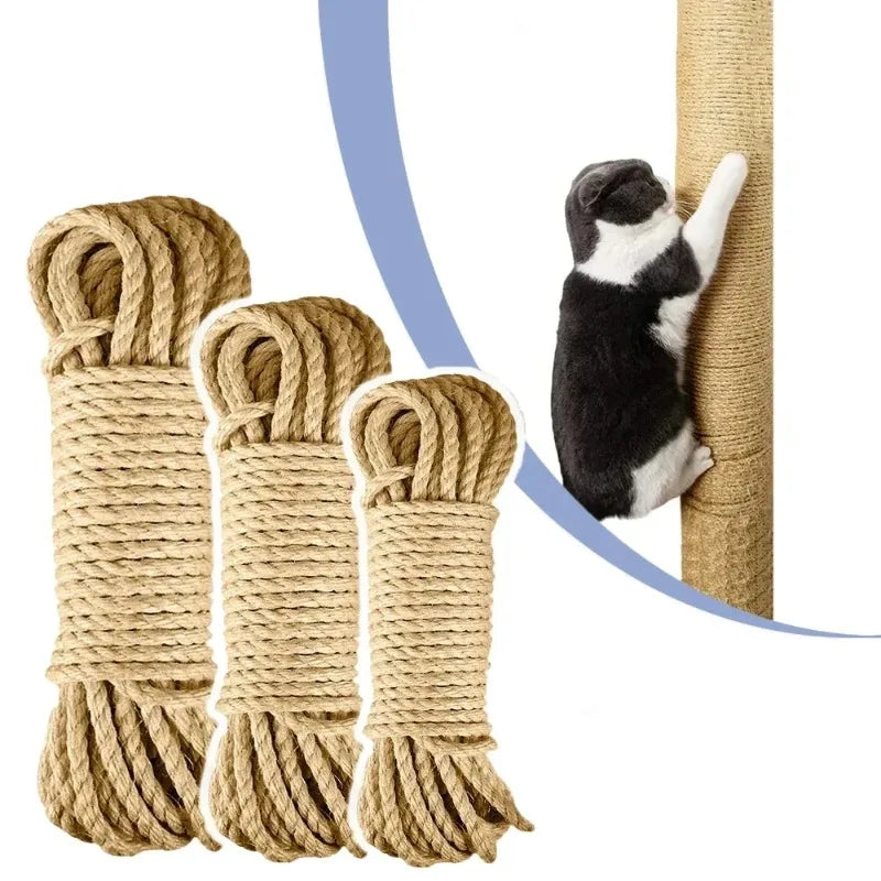 Three bundles of Purrfect Haven Sisal Rope Scratchers by KittyNook Cat Co., with a cat using one, on white background.