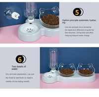 Thumbnail for KittyNook Cat Co. Automatic Water Renewal Cat Bowl: shown with food and water, features two cat-ear bowls on blue.
