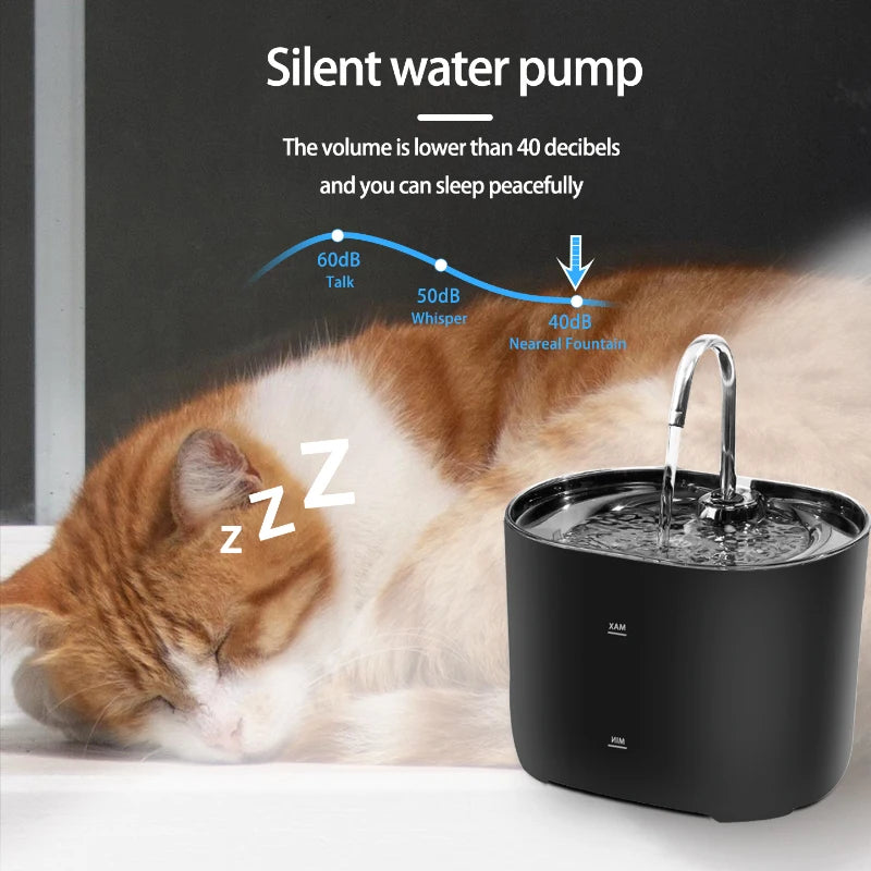 Orange and white cat sleeping by KittyNook Cat Co. Cat Water Fountain Automatic Filter with silent pump sound chart.