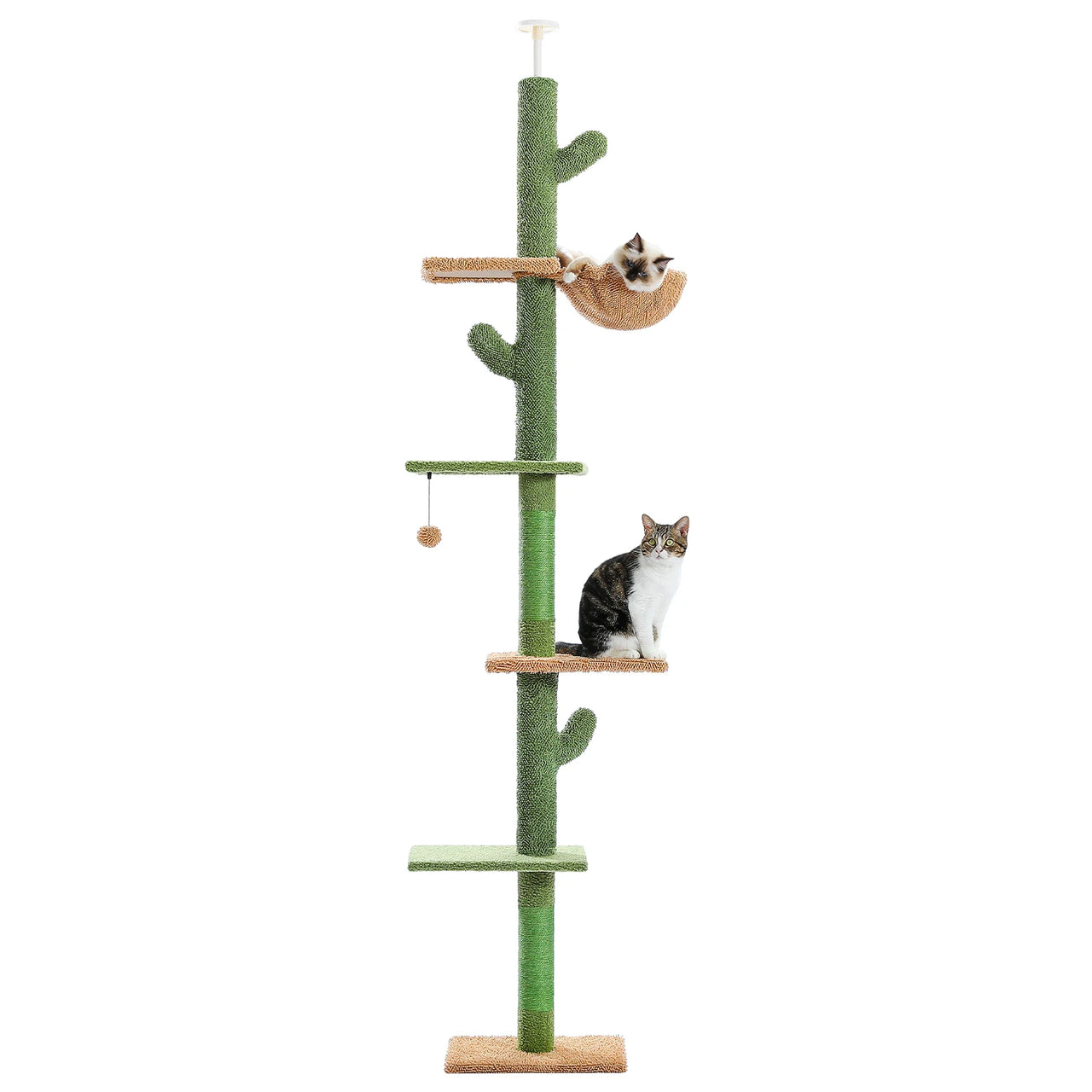Two cats perch on the KittyNook Cat Co. Stylish Cat Climbing Tower, featuring green and beige levels with a hanging ball toy.