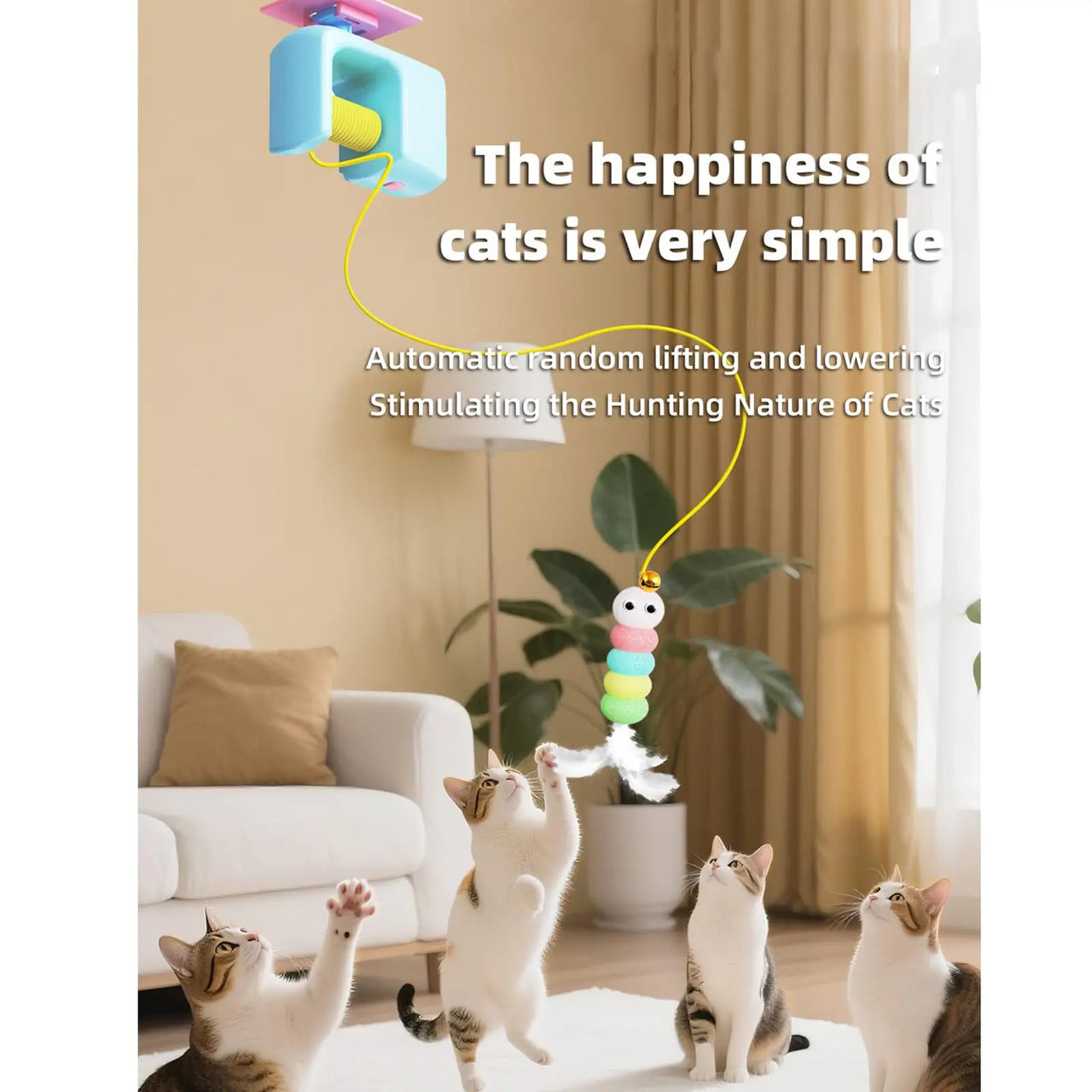 Four cats play with KittyNook Cat Co.'s Elevate Playtime Interactive Hanging Toy for fun exercise and hunting stimulation.