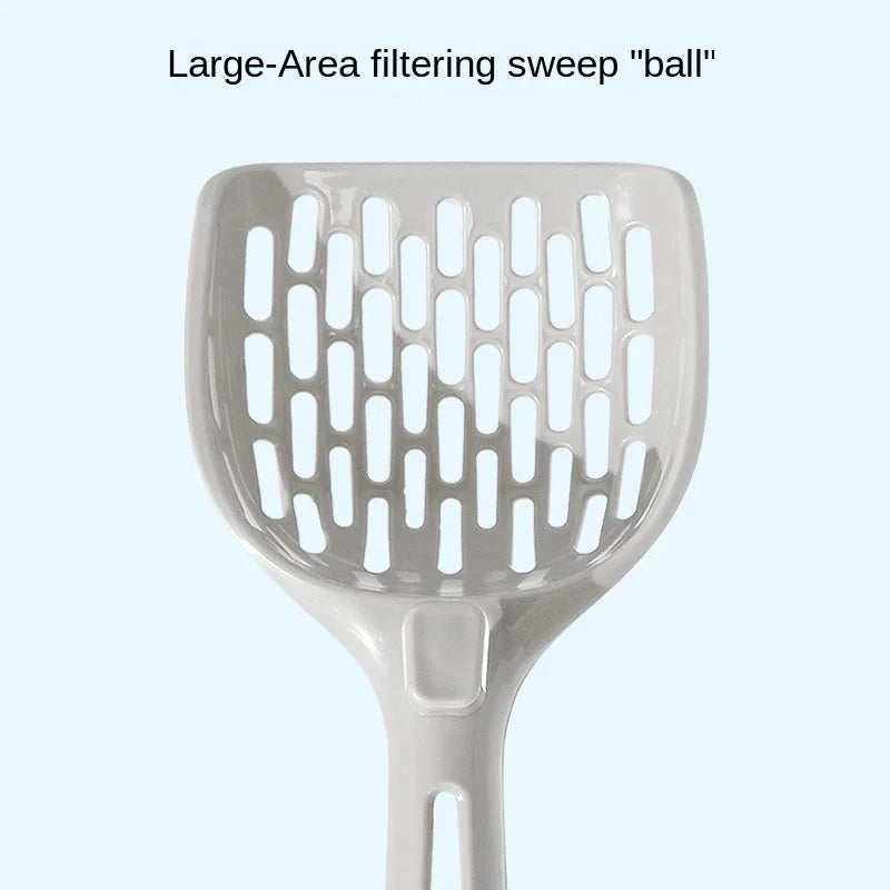 The KittyNook Cat Co. Curved Cat Litter Shovel with slotted holes is shown on a light blue background with text above.