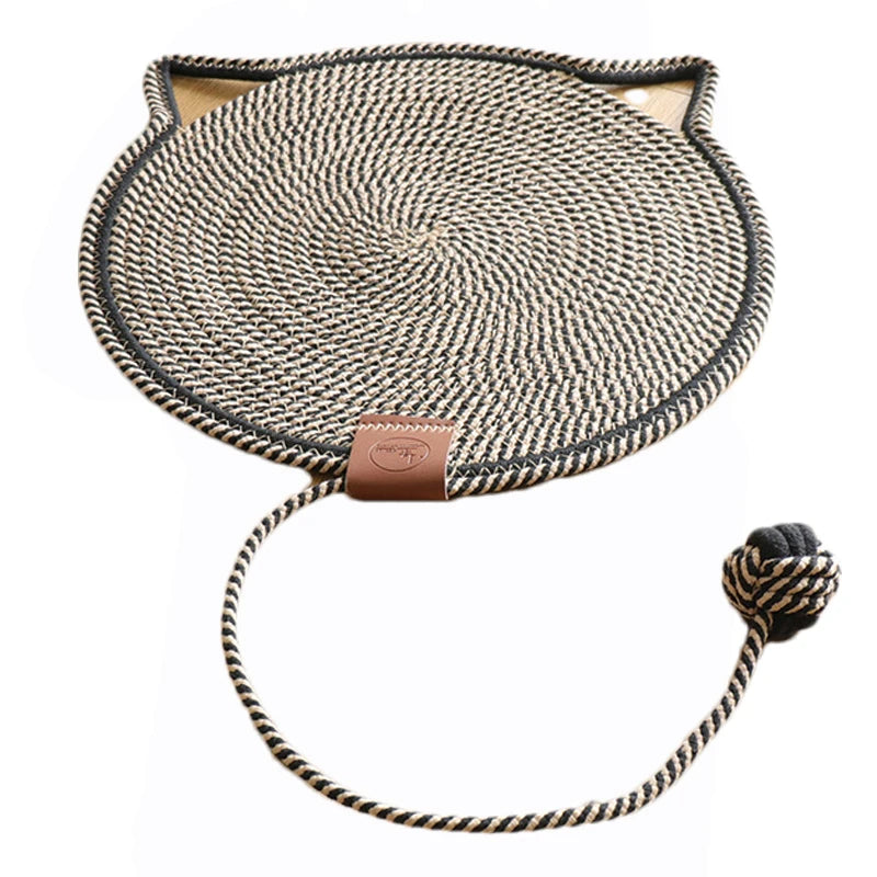 Tails Cat Scratching Mat by KittyNook: A round rope mat with a cat shape, ball & string, and leather patch center for claw care.