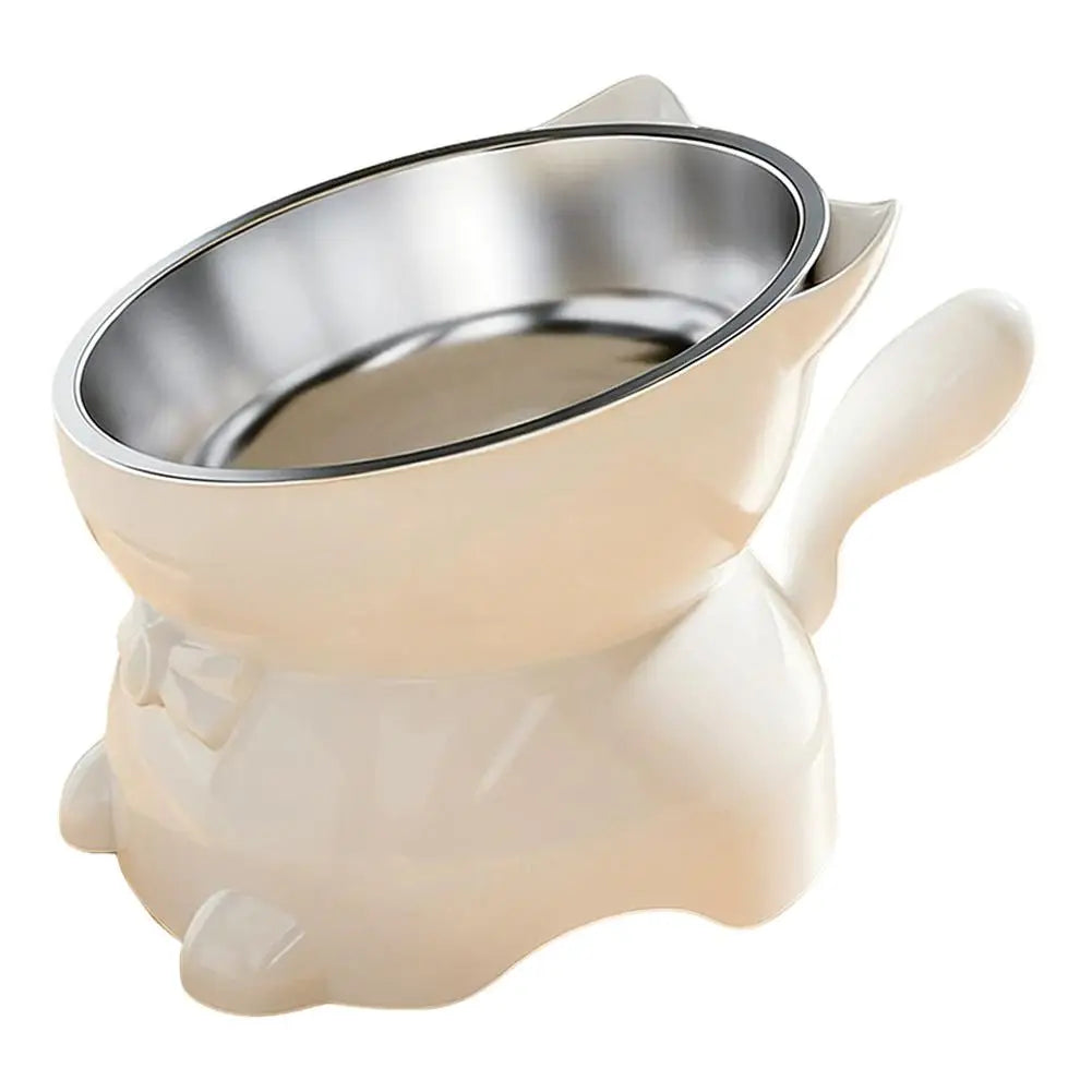 Elevated Cat Food Bowl with Cute Ear Stand featuring a removable stainless steel insert and a cat-shaped base.