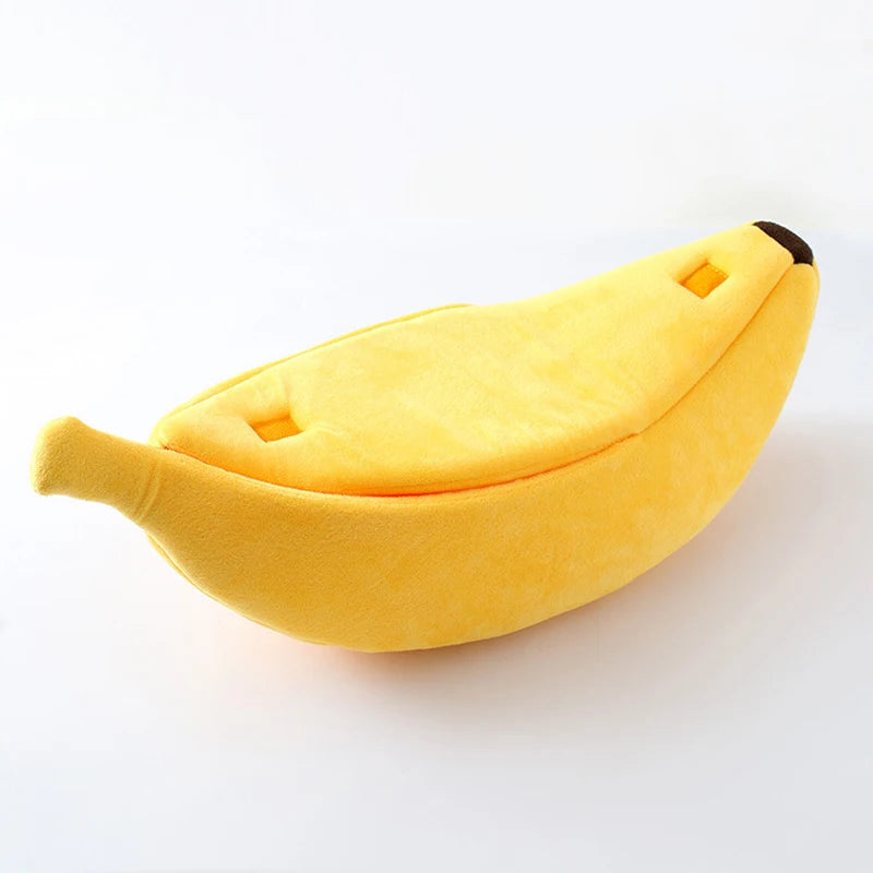 KittyNook Cat Co. Cute Funny Banana Shape Cat Bed offers orthopedic support with a fun yellow and brown design.